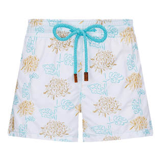 Pantalón corto de baño iridiscente bordado con estampado Flowers of Joy para mujer Blanco vista frontal