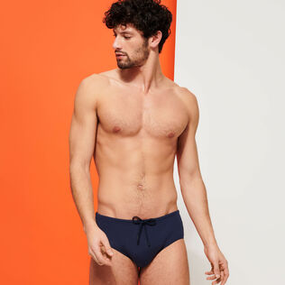 Men Fitted Swim Brief Solid Navy front worn view