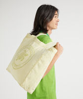 Unisex-Strandtasche aus Leinen mit Mineralfarbstoff Lemongrass Vorderseite getragene Ansicht