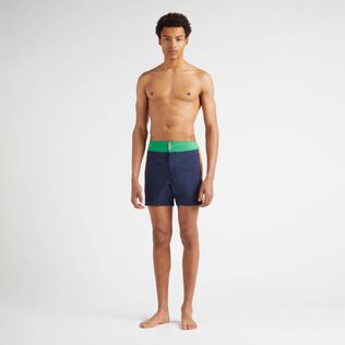 Men Stretch Swim Shorts Flat Belt Color Block Chive front worn view