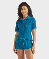 Polo donna in spugna VBQ Line Peacock vista frontale indossata