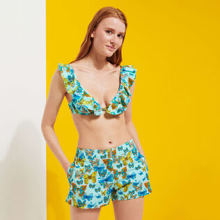 Pantalón corto de baño con cintura plana y estampado Butterflies para mujer Laguna vista frontal desgastada