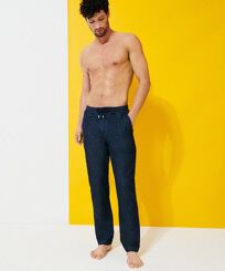 Men Denim Jogging Pants Dark denim w1 front worn view