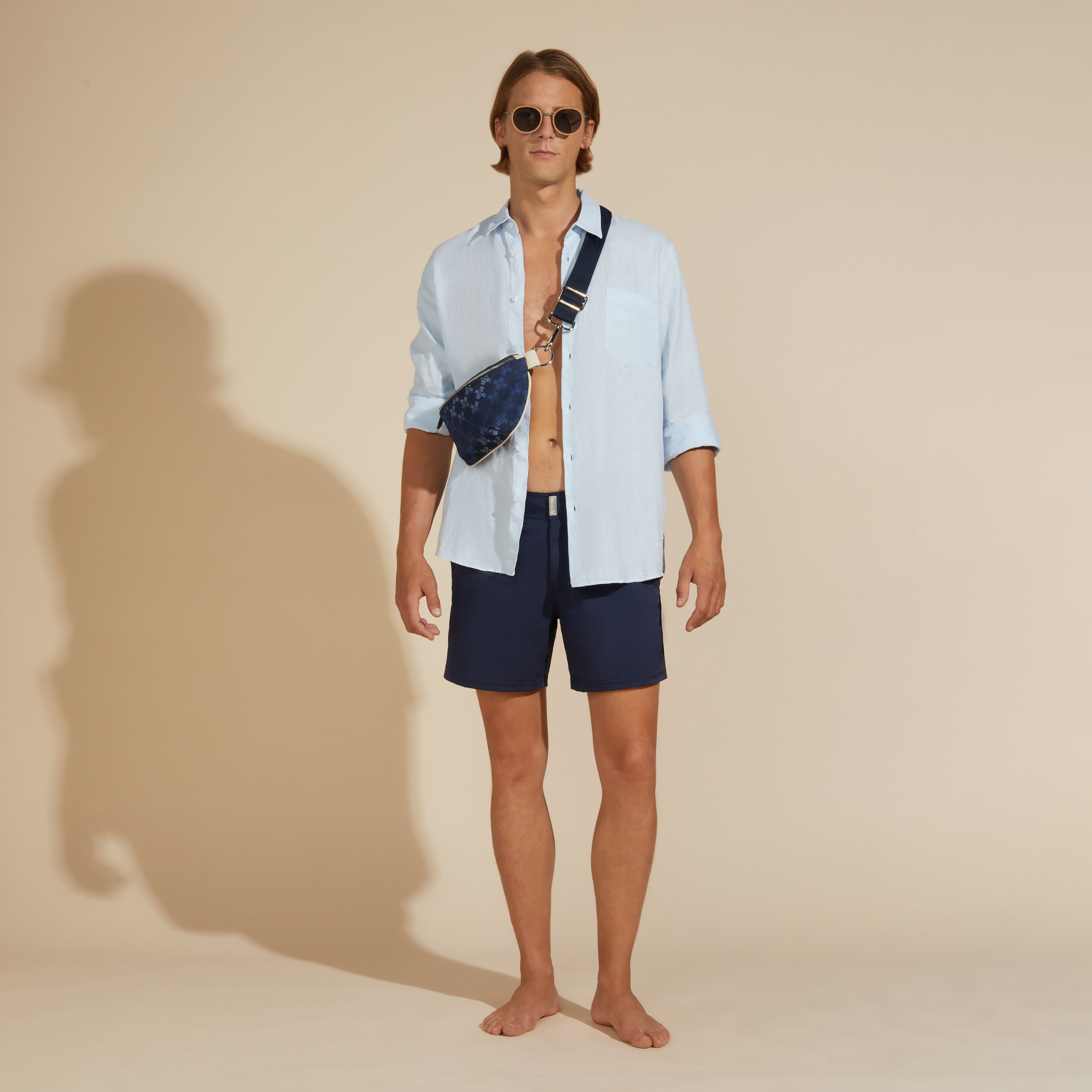 Men Flat Belt Stretch Swim Trunks Solid