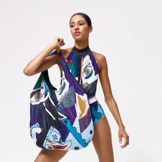 Bolsa de playa con estampado Envoûtement - Vilebrequin x Deux Femmes Noires Purple blue detalles vista 1