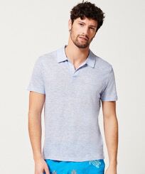 Polo en punto de lino de color liso para hombre Purple heather vista frontal desgastada