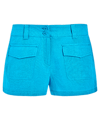 Women linen bermuda shorts solid - Vilebrequin x JCC+ - Limited Edition Swimming pool front view