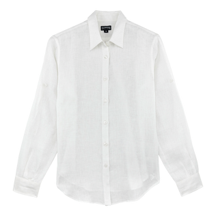 Women Long Sleeves Linen Shirt Solid White front view