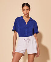 FROTTEE-SHORTS FÜR DAMEN Hydrangea Vorderseite getragene Ansicht