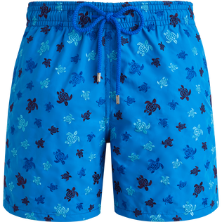 Maillot de bain homme brodé Ronde des Tortues Bleu neon vue de face