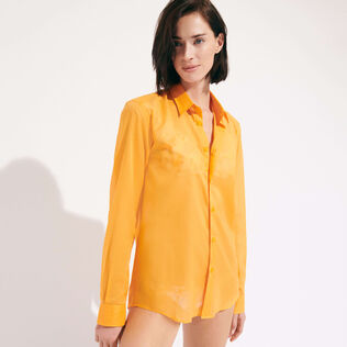 Camisa ligera unisex en gasa de algodón de color liso Zanahoria detalles vista 4