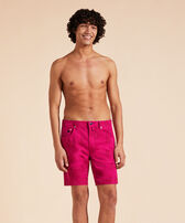 Men Bermuda Shorts Resin Print Ronde des Tortues Crimson purple front worn view