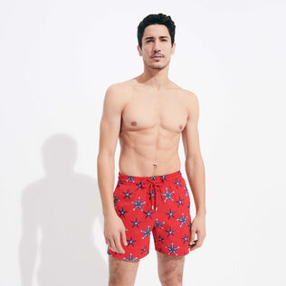 Men Swim Trunks Embroidered Starfish Dance - Limited Edition Poppy red front worn view