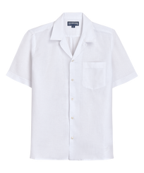 Men Bowling Shirt Linen Solid Blanco vista frontal