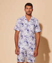 Men Linen Bowling Shirt Riviera Ink front worn view
