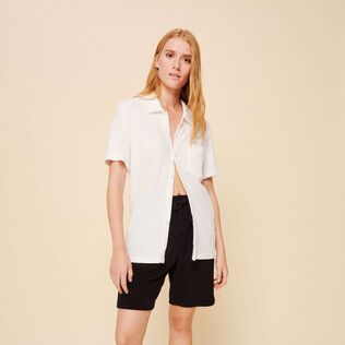 Camisa de bolos lisa en tejido terry unisex Blanco tiza vista frontal desgastada