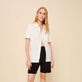 Camisa de bolos lisa en tejido terry unisex Blanco tiza vista frontal desgastada