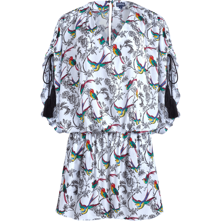 Tuta Corta Donna In Viscosa Rainbow Birds - Pagliaccetto - Feelgood - Bianco