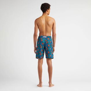 Men Stretch Long Swim Trunks Tropical Flowers Navy back worn view