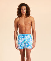 Men Stretch Swim Shorts Tahiti Flowers White front worn view