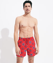 Men Swim Trunks Embroidered Starfish Dance - Limited Edition Poppy red front worn view