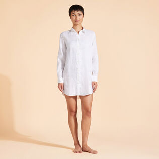 女士纯色亚麻衬衫裙 White 正面穿戴视图