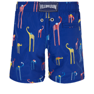 Boys Swim Trunks Embroidered Giaco Elephant Batik blue back view
