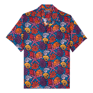 Noumea Sea Shells Bowling-Hemd aus Baumwolle für Herren Marineblau Vorderansicht