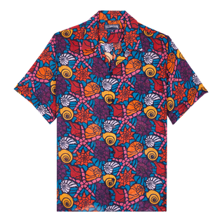 Camicia bowling uomo in lino Noumea Sea Shells Blu marine vista frontale