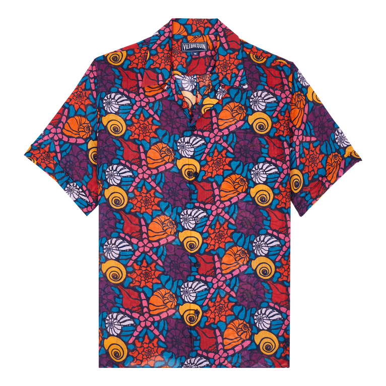 Men  Linen Bowling Shirt Noumea Sea Shells - Charli - Blue - Size L - Vilebrequin