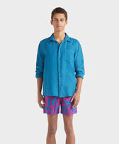 Men Linen Shirt Solid Peacock front worn view