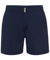 Men Flat Belt Stretch Swim Trunks Solid Navy front view