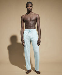 Unisex Linen Jersey Pants Solid Heather thalassa front worn view