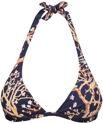 Top de bikini anudado alrededor del cuello con estampado Sweet Blossom para mujer Azul marino vista frontal