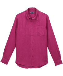 Men Linen Shirt Solid Crimson purple 正面图