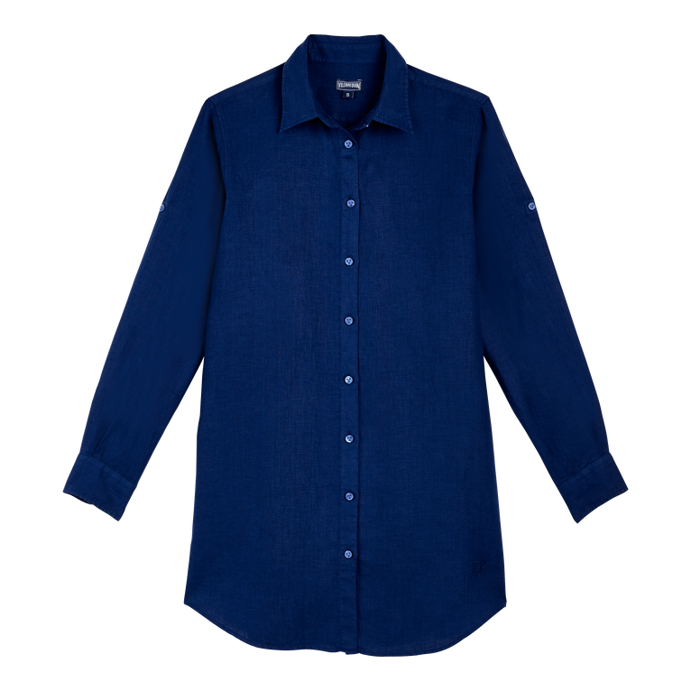 Women Linen Shirt Dress Solid - Fragance - Blue