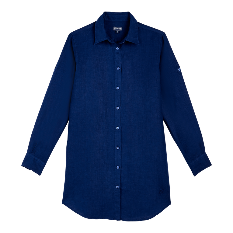 Chemisier Donna In Lino Tinta Unita - Abito A Camicia - Fragance - Blu