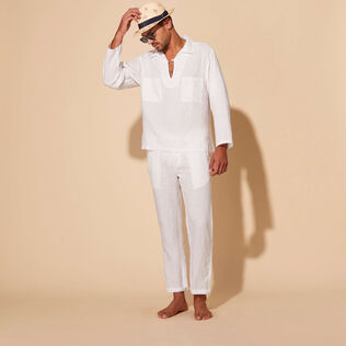 Men Linen Vareuse Shirt Solid White details view 1