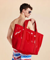 Unisex Neoprene Large Beach Bag Solid Poppy red front worn view