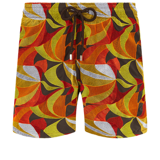 1984 Invisible Fish Badeshorts mit Stickerei für Herren – Limited Edition Erde Vorderansicht