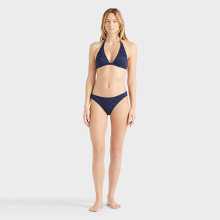 Women Midi Brief Bikini Bottom Turtle Monogram Jacquard Navy front worn view
