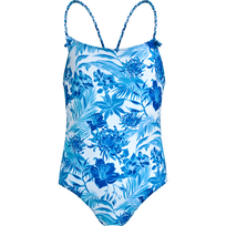 Girls One-piece Swimsuit Tahiti Flowers White front view