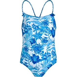 Girls One-piece Swimsuit Tahiti Flowers White front view