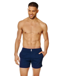 Men Short Flat Belt Stretch Swimwear Prince de Galles Midnight blue front worn view