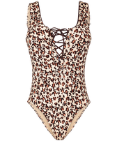 Women One-piece Swimsuit Turtles Leopard Straw front view