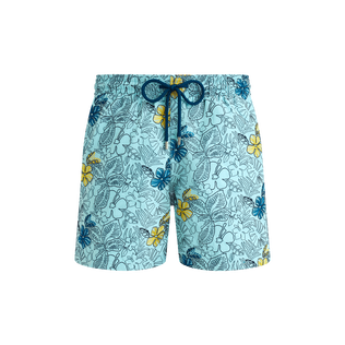 Men Swim Trunks Embroidered Flowers - Limited Edition Blue note front view