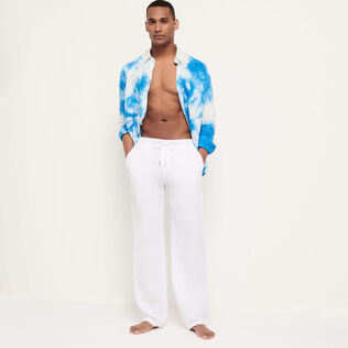 Pantalon en lin  large homme uni Blanc vue portée de face