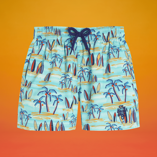 Palms & Surfs Stretch-Badeshorts für Jungen – Vilebrequin x The Beach Boys Lazulii blue Vorderansicht