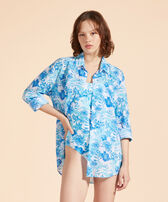 Camicia leggera in voile di cotone Tahiti Flowers Bianco donne vista indossata frontale