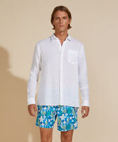 Men Linen Shirt Solid White front worn view